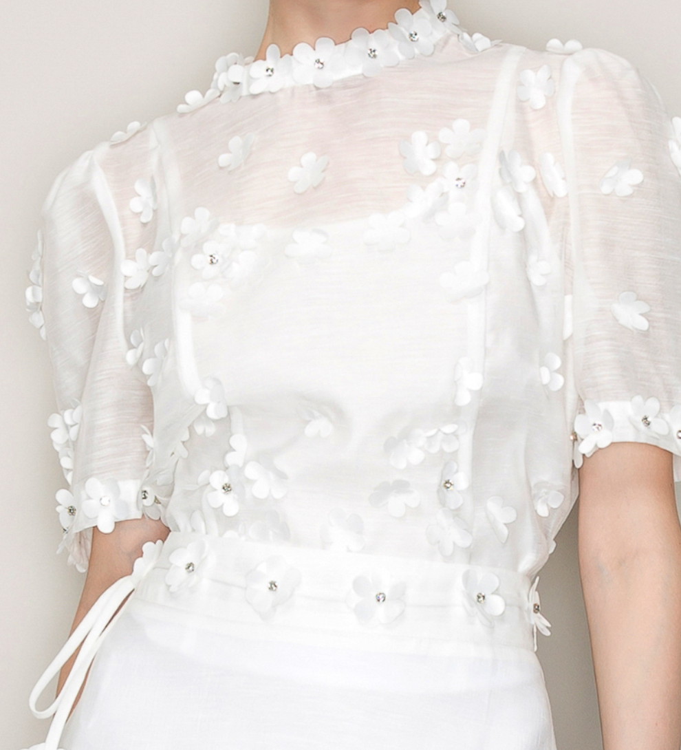 Maya Short Sleeve Floral Trim Blouse