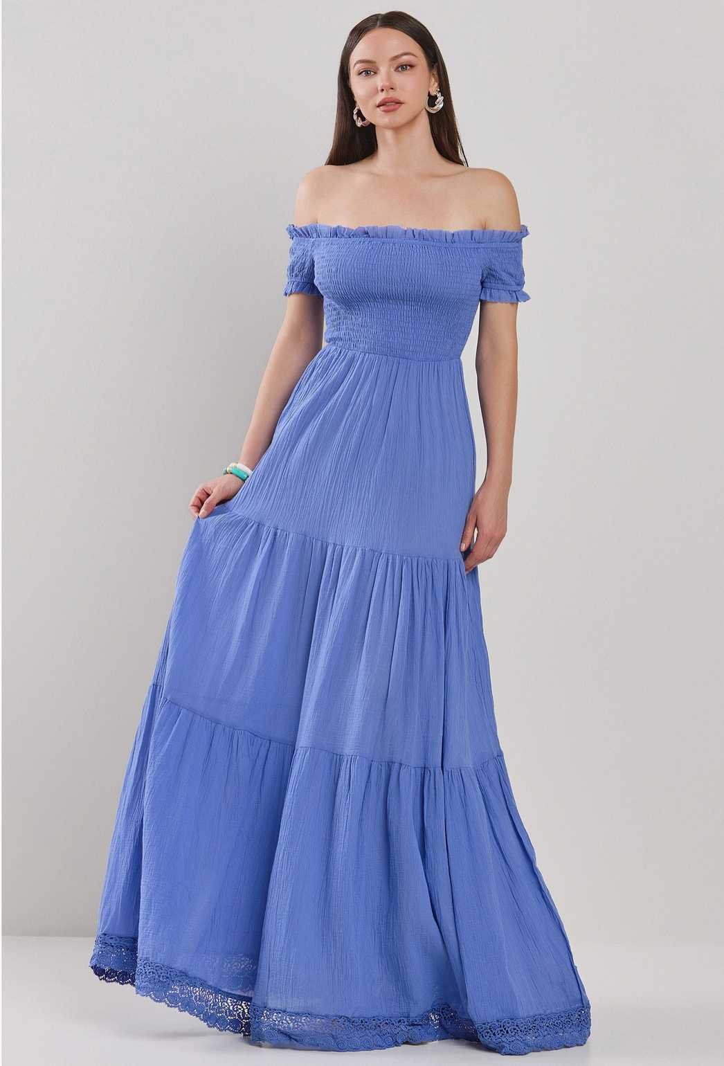 blue off the shoulder maxi dress Rana Off Shoulder Ruched Maxi Dress
