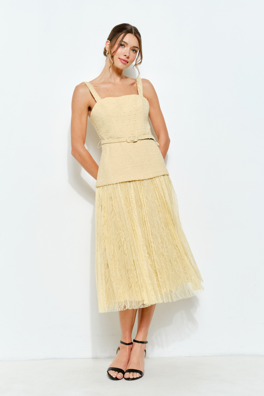 Tweed & Lace Pleated Midi Dress – Elegant Peplum Waist