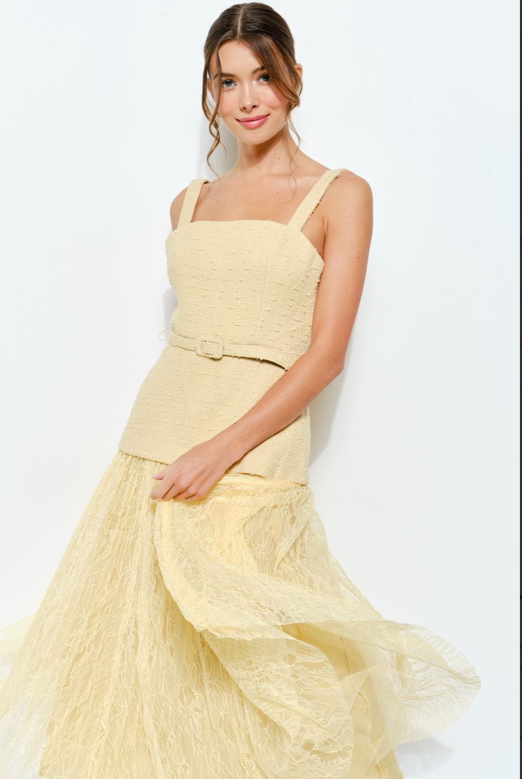 Tweed & Lace Pleated Midi Dress – Elegant Peplum Waist