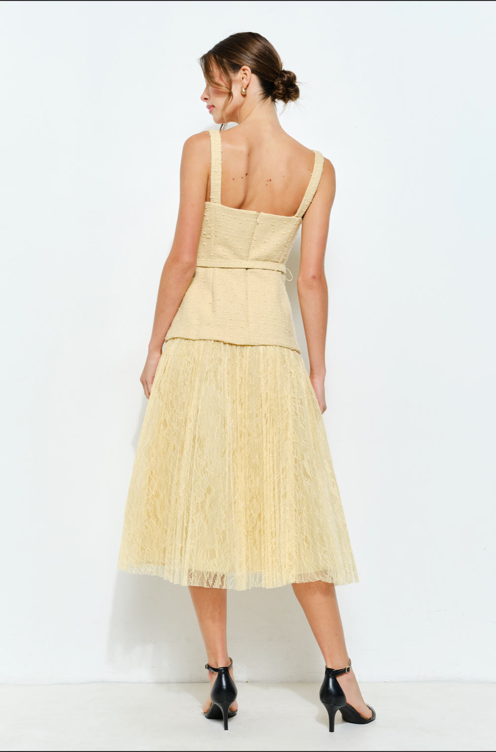 Tweed & Lace Pleated Midi Dress – Elegant Peplum Waist